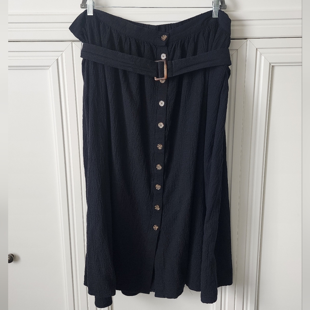 Eloquii Black Button-Front Belted Midi Skirt
